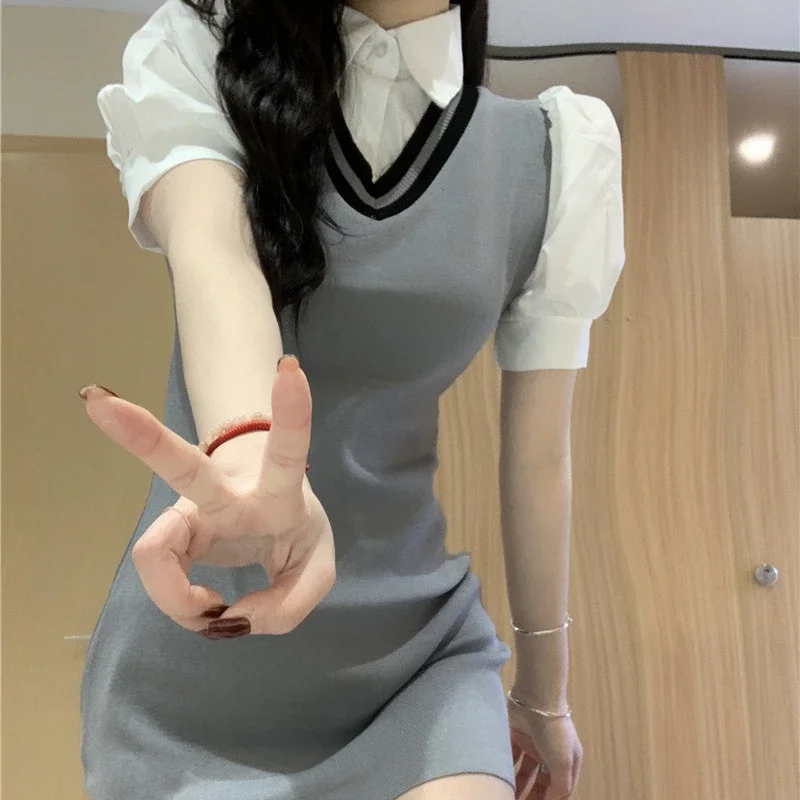 Summer Woman Dress Puff Sleeve Fashion Sweet Fake Two Robe Femme Patchwork Knitted Bodycon Mini Dresses 2024 Faldas MujerDe Moda
Summer Woman Dress Puff Sleeve Fashion Sweet Fake Two Robe Femme Patchwork Knitted Bodycon Mini Dresses 2024 Faldas MujerDe Moda