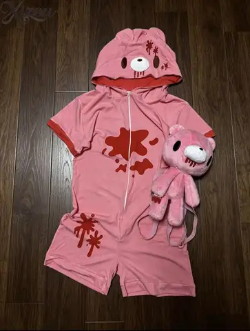 Women Pink Bear Hooded Short Sleeve Jumpsuit Blood Splash Print Zip Up Kawaii Gothic Harajuku Loungewear Cosplay Outfit 2026