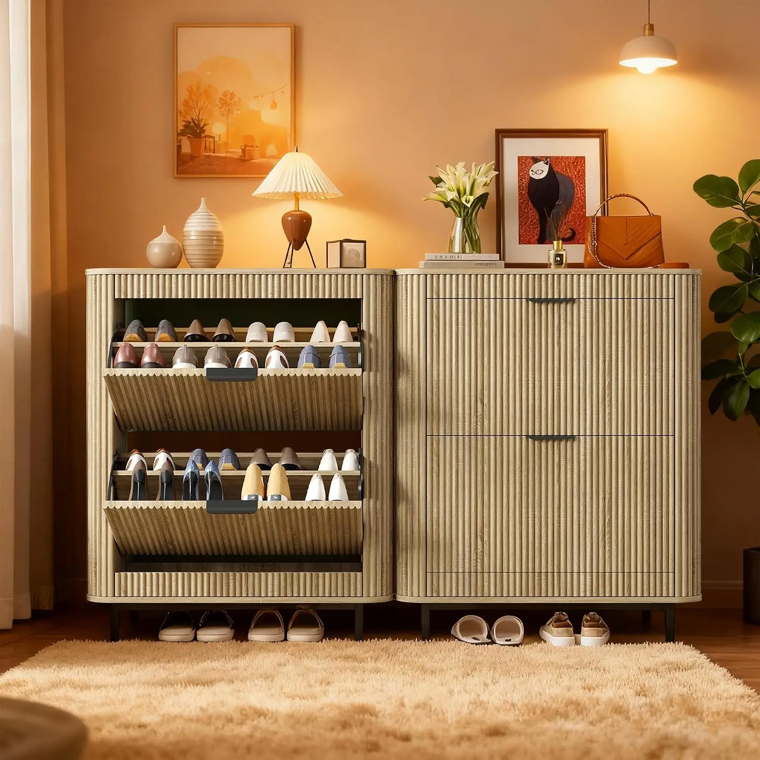 Fluted Shoe Cabinet 2 Flip Drawers Open Storage, Curved Wooden Shoe Rack Entryway Hallway, 37.68"H Natural Oak, Customized
Fluted Shoe Cabinet 2 Flip Drawers Open Storage, Curved Wooden Shoe Rack Entryway Hallway, 37.68"H Natural Oak, Customized