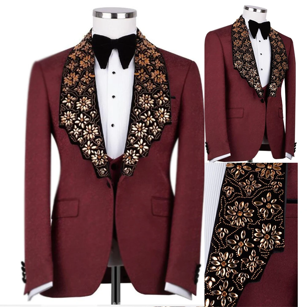 Burgundy Suits Men Italian Design Single Breasted Prom Blazer Customized 3-Piece Formal Party Dresses Beaded Stones Groom Tuxedo
Burgundy Suits Men Italian Design Single Breasted Prom Blazer Customized 3-Piece Formal Party Dresses Beaded Stones Groom Tuxedo