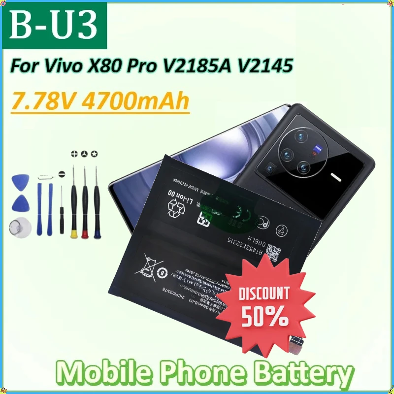 For Vivo X80 Pro V2185A V2145 Capacity Phone Batteries New B-U3 7.78V 4700mAh Mobile Phone Replacement Battery +Tools
For Vivo X80 Pro V2185A V2145 Capacity Phone Batteries New B-U3 7.78V 4700mAh Mobile Phone Replacement Battery +Tools