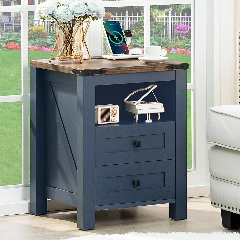Nightstand with Charging Station, Farmhouse Night Stand with 2 Drawers and Shelf Storage, Blue Wooden Side End Table, Bedside Ca
Nightstand with Charging Station, Farmhouse Night Stand with 2 Drawers and Shelf Storage, Blue Wooden Side End Table, Bedside Ca