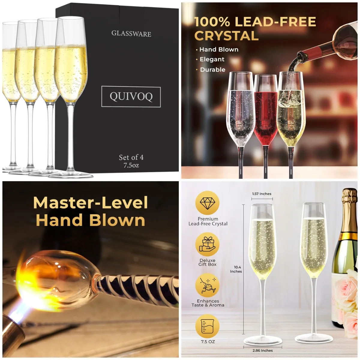 4-Pack Champagne Flutes, 7.5oz Hand-Blown Crystal Glasses – Perfect for Wedding, Birthday, Anniversary & Wine Tasting
4-Pack Champagne Flutes, 7.5oz Hand-Blown Crystal Glasses – Perfect for Wedding, Birthday, Anniversary & Wine Tasting