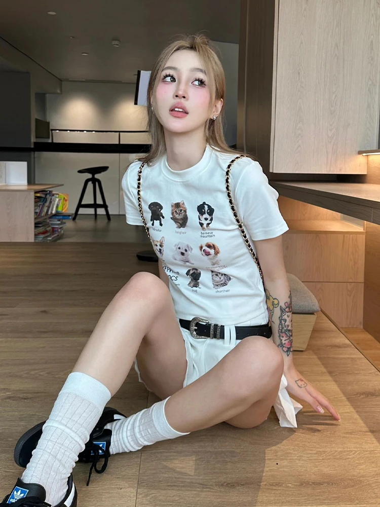 Short-sleeved T-shirt women's cartoon cute animal print American spring and summer slim-fitting versatile solid-color top simple
Short-sleeved T-shirt women's cartoon cute animal print American spring and summer slim-fitting versatile solid-color top simple
