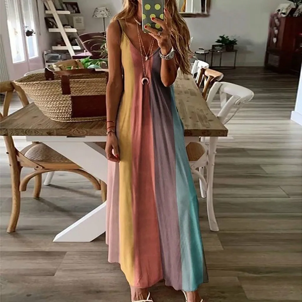 2024 Retro Colorful Maxi V-Neck Dresses Sexy Female Long Ladies Plus Size Loose Stripe Sleeveless V-Collar Long Dress
2024 Retro Colorful Maxi V-Neck Dresses Sexy Female Long Ladies Plus Size Loose Stripe Sleeveless V-Collar Long Dress