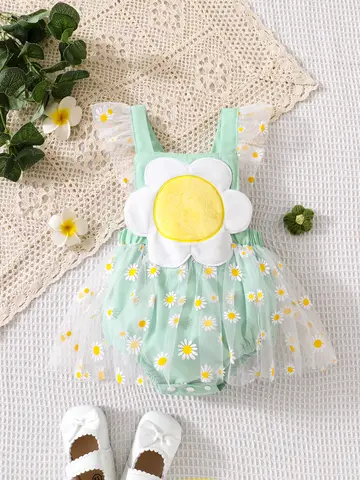 Summer Fresh Daisy Romper for Baby Girls Mint Green Lace Sleeve Large Flower Butt Cover Clothes Infant Clothing Baby Rompers