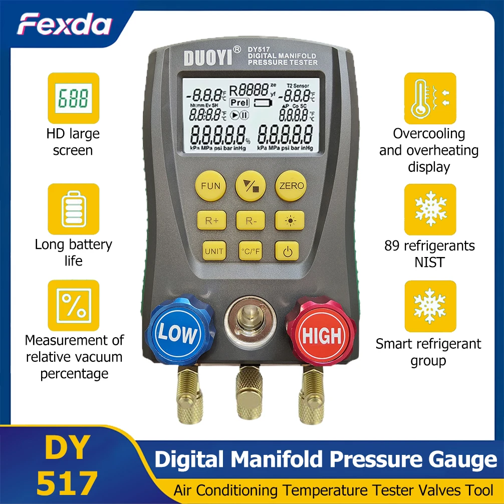 DY517 Digital Refrigeration Pressure Gauge Air Conditioning Temperature Detector Multi-function Vacuum Pressure Test Tool Kit
DY517 Digital Refrigeration Pressure Gauge Air Conditioning Temperature Detector Multi-function Vacuum Pressure Test Tool Kit