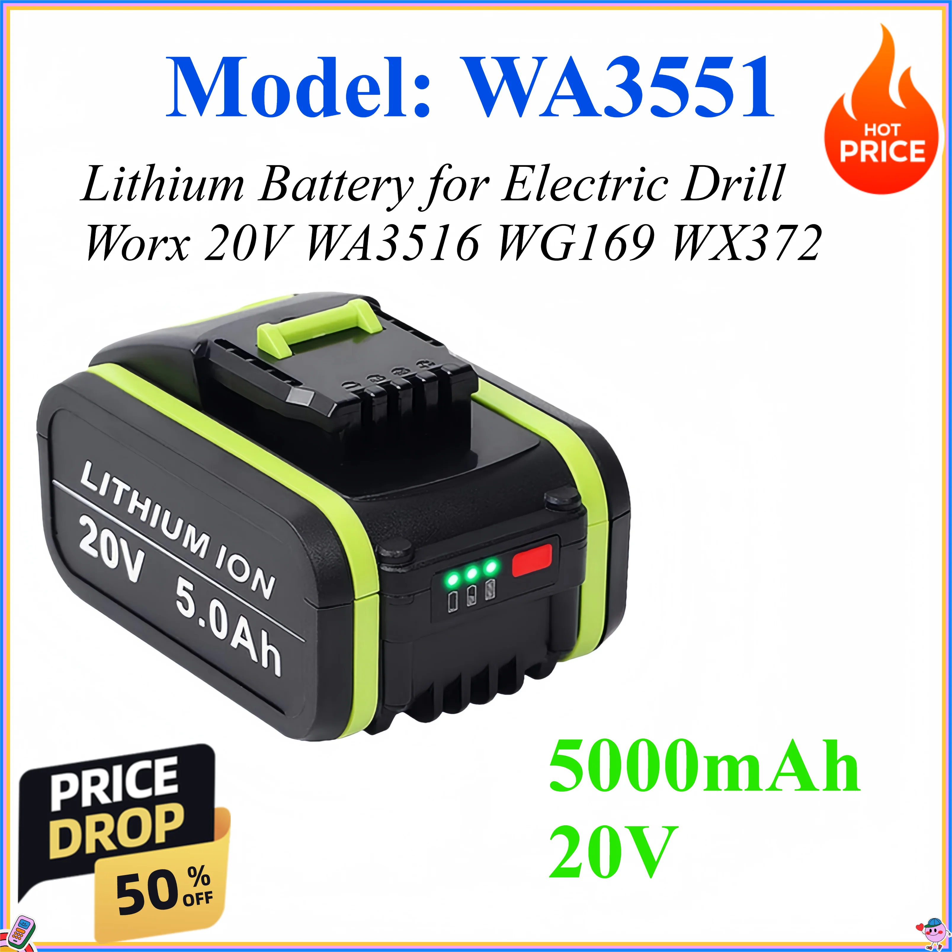 5000mAh 20V Lithium Battery for Electric Drill Worx 20V WA3516 WG169 WX372
5000mAh 20V Lithium Battery for Electric Drill Worx 20V WA3516 WG169 WX372