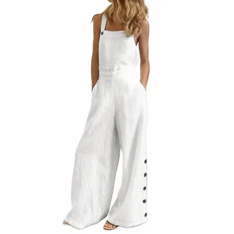 Casual Jumpsuit Women Spring Summer Loose Romper Linen Sleeveless Bib Overalls Button Wide leg Pants Long Trousers Plus Size