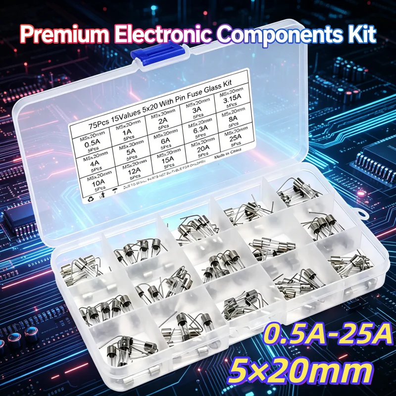 75Pcs 5×20mm Glass Fuse with Pin 0.5A-25A Fast Blow Fuse Assortment Kit + Fuse Holder Base for Electronic Repair DIY Appliance
75Pcs 5×20mm Glass Fuse with Pin 0.5A-25A Fast Blow Fuse Assortment Kit + Fuse Holder Base for Electronic Repair DIY Appliance