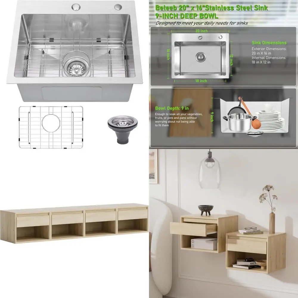 Stainless Steel Top Mount Kitchen Sink 20x16 with 9 Basin Depth, 18 Gauge, 3D Embossed Finish and Accessories
Stainless Steel Top Mount Kitchen Sink 20x16 with 9 Basin Depth, 18 Gauge, 3D Embossed Finish and Accessories