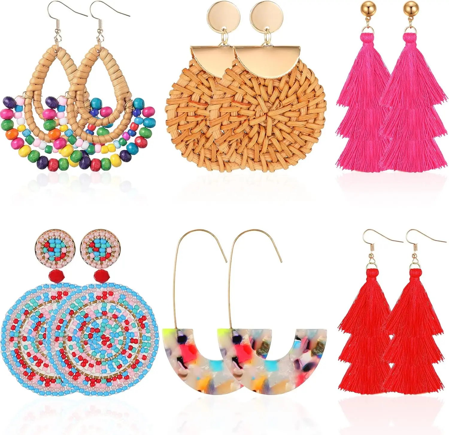 6 Pairs Bohemian Rattan Tassel Earrings for Women Summer Beach Party
6 Pairs Bohemian Rattan Tassel Earrings for Women Summer Beach Party