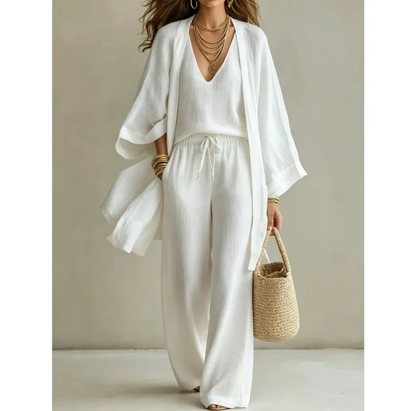 Summer Loose Linen and Cotton Mid-Length Nine-Part Sleeve Cardigan Sleeveless Vest Long Pants Casual Three-Piece Set for Women
Summer Loose Linen and Cotton Mid-Length Nine-Part Sleeve Cardigan Sleeveless Vest Long Pants Casual Three-Piece Set for Women