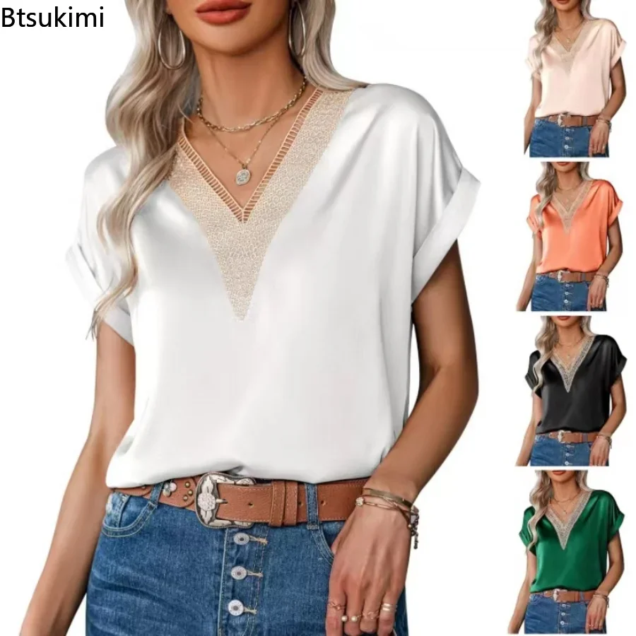New 2024 Women's Summer Short Sleeve Lace Satin Blouse Shirts Elegant V Neck Casual Shirts Stylish Top Office Lady Shirts Tops
New 2024 Women's Summer Short Sleeve Lace Satin Blouse Shirts Elegant V Neck Casual Shirts Stylish Top Office Lady Shirts Tops