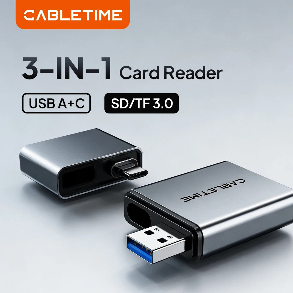 CABLETIME 3 IN 1 Card Reader SD 3.0 160MB/s 5Gbps USB A & USB C Aluminum Alloy SD/TF Card Adapter for Laptop Phone Macbook
CABLETIME 3 IN 1 Card Reader SD 3.0 160MB/s 5Gbps USB A & USB C Aluminum Alloy SD/TF Card Adapter for Laptop Phone Macbook
