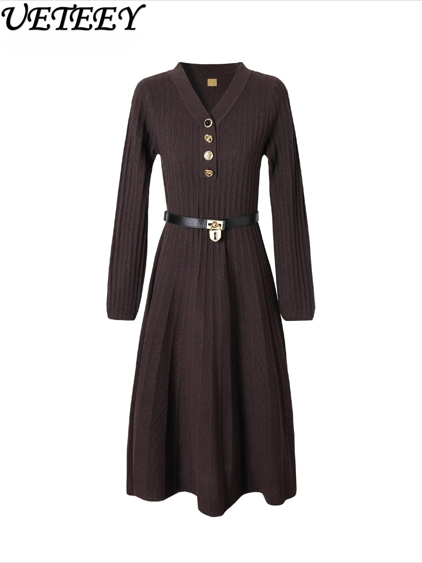 French Style Metal Buckle Decorated Long Sleeve Knitted Dress Elegant Women's High Waist Belt Mid-Length Flared Dresses
French Style Metal Buckle Decorated Long Sleeve Knitted Dress Elegant Women's High Waist Belt Mid-Length Flared Dresses