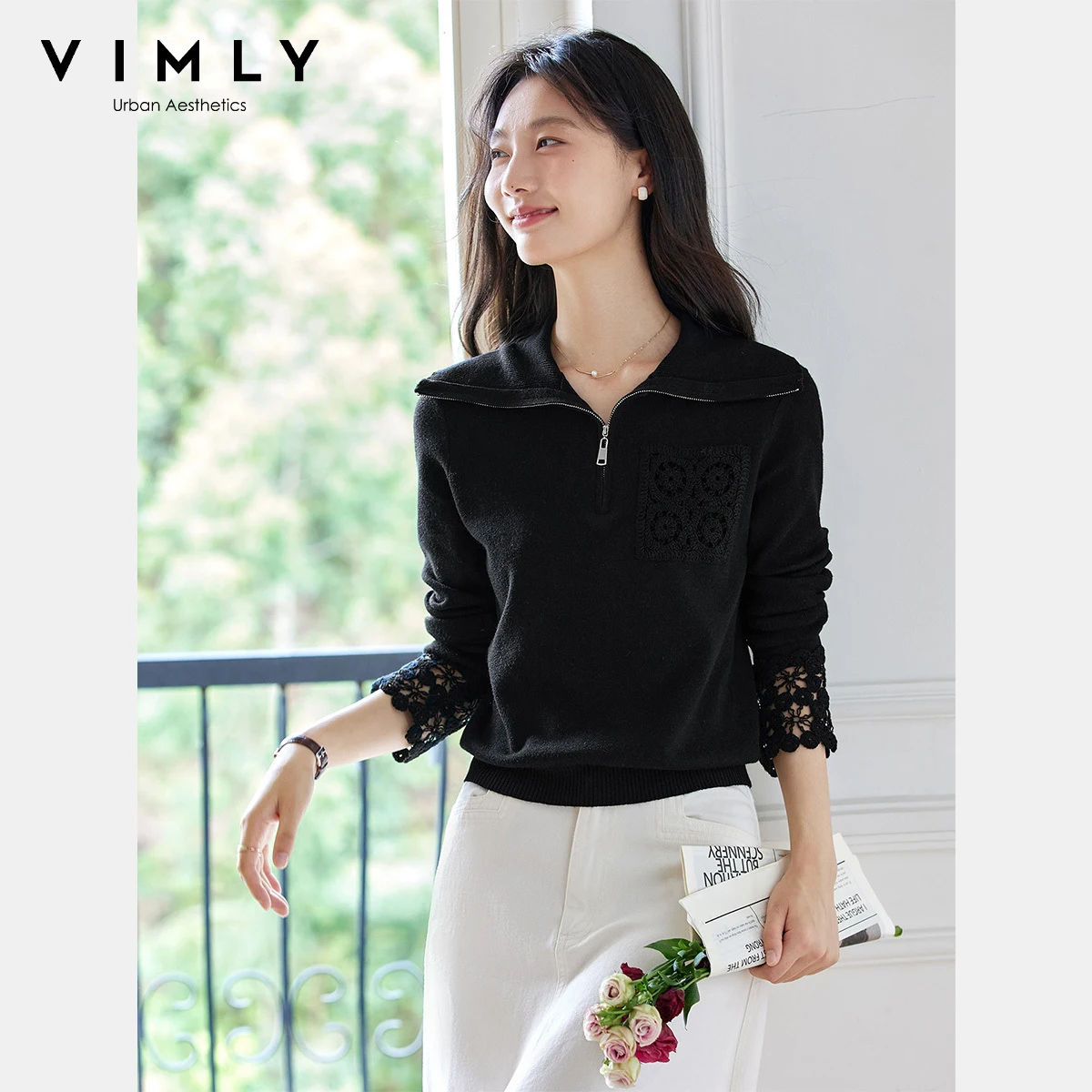 VIMLY Knitted Long Sleeve Pullovers Woman Autumn 2025 French Black Hollow Out Cuff Sweaters Turn-down Neck Strecth Tops 75092
VIMLY Knitted Long Sleeve Pullovers Woman Autumn 2025 French Black Hollow Out Cuff Sweaters Turn-down Neck Strecth Tops 75092