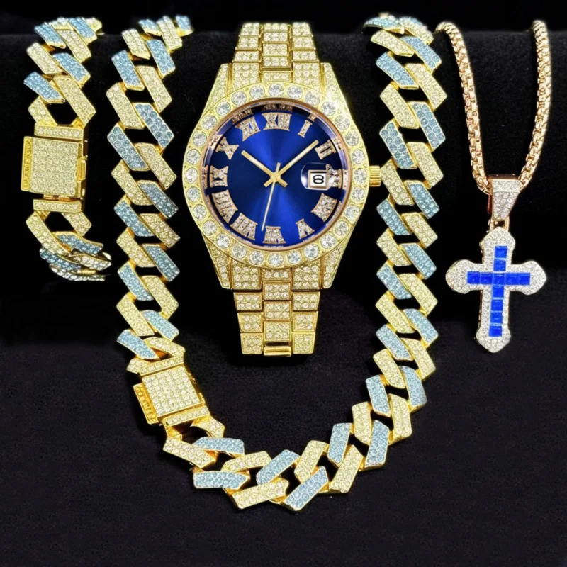 Men's Bling Jewelry Set: Gold Iced Out Watch + Two-tone Cuban Link Chain + Bracelet + Blue Cross Pendant Necklace, 4Pcs Hip Hop
Men's Bling Jewelry Set: Gold Iced Out Watch + Two-tone Cuban Link Chain + Bracelet + Blue Cross Pendant Necklace, 4Pcs Hip Hop
