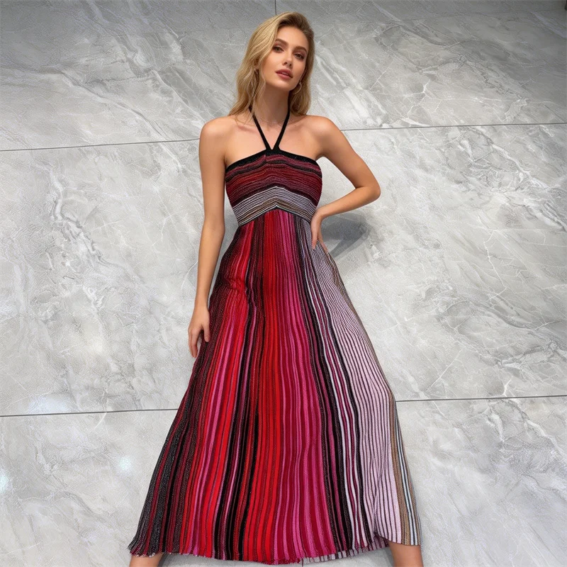 French Women's Metallic Sequined Knitted Dress, Sexy Sleeveless Suspender, Artistic Striped Splicing Elastic Knitted Midi Skirt
French Women's Metallic Sequined Knitted Dress, Sexy Sleeveless Suspender, Artistic Striped Splicing Elastic Knitted Midi Skirt