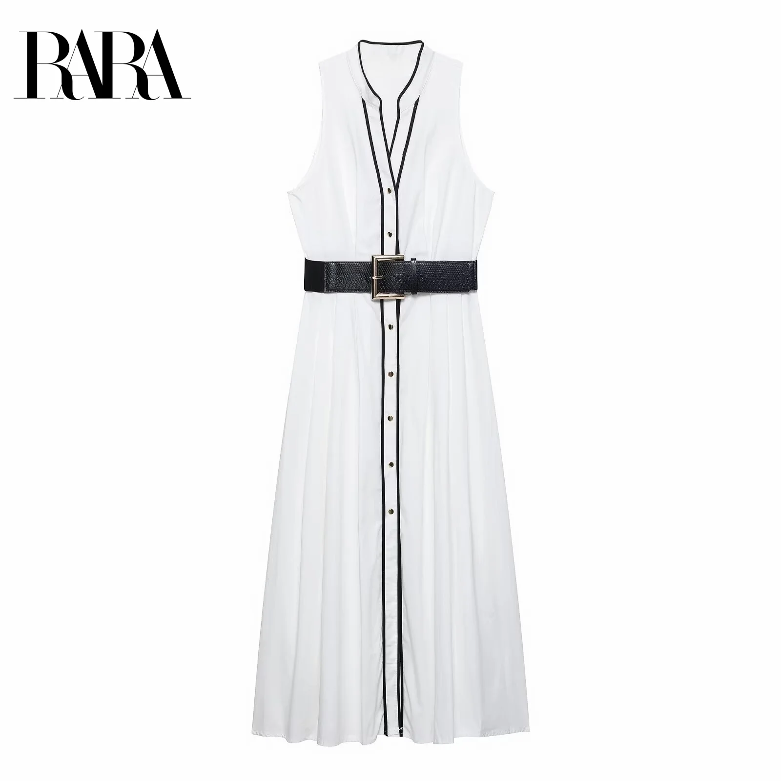 RARA Womens Summer New Contrast Color Trimmed Casual Elegant V Neck Sleeveless Mid Length Dress with Belt Detail
RARA Womens Summer New Contrast Color Trimmed Casual Elegant V Neck Sleeveless Mid Length Dress with Belt Detail