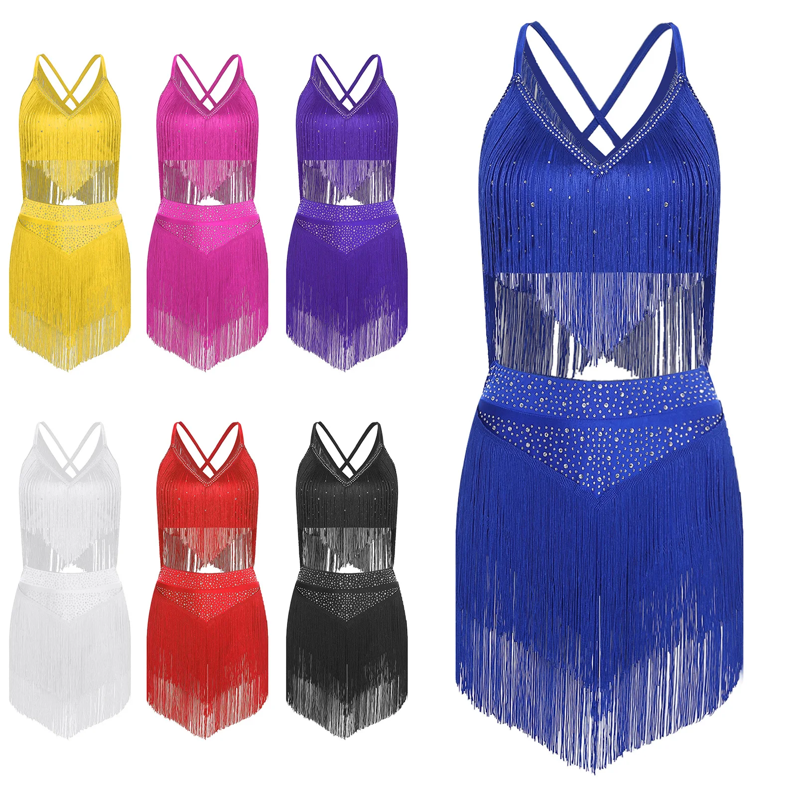 Womens Salsa Latin Dance Sets Performance Competition Costumes Sleeveless Crisscross Back Crop Top with Tassels Skirt Outfits
Womens Salsa Latin Dance Sets Performance Competition Costumes Sleeveless Crisscross Back Crop Top with Tassels Skirt Outfits