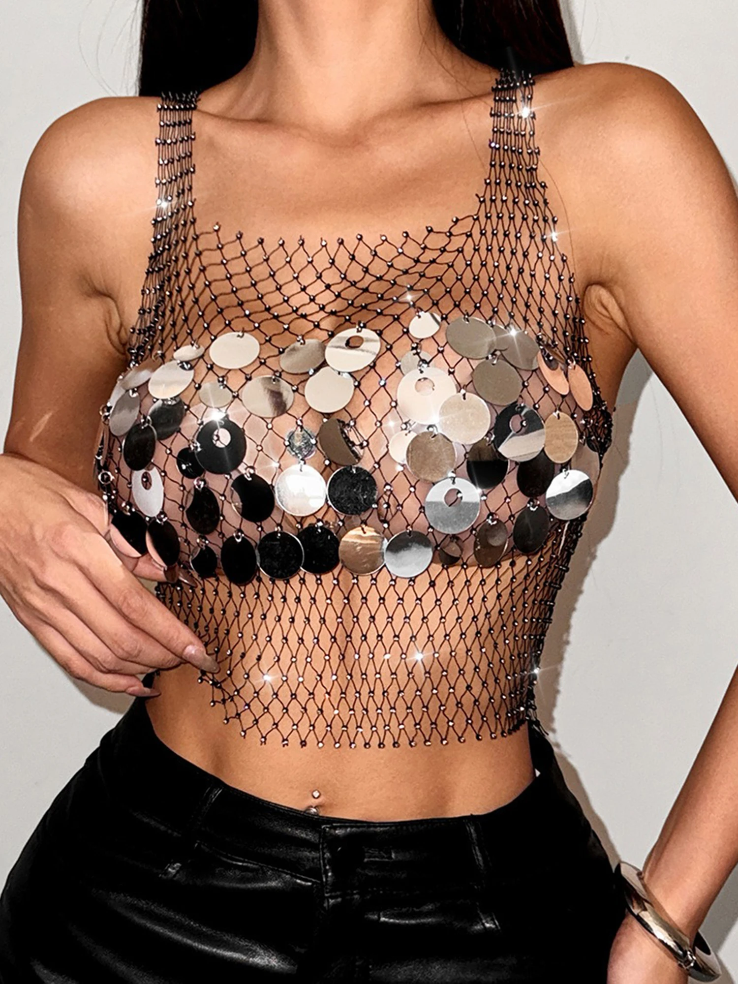Сексуальные сетчатые укороченные топы с блестками для женщин, блестящее прозрачное нижнее белье без рукавов, топы на бретелях, блестящая ажурная майка 
Сексуальные сетчатые укороченные топы с блестками для женщин, блестящее прозрачное нижнее белье без рукавов, топы на бретелях, блестящая ажурная майка