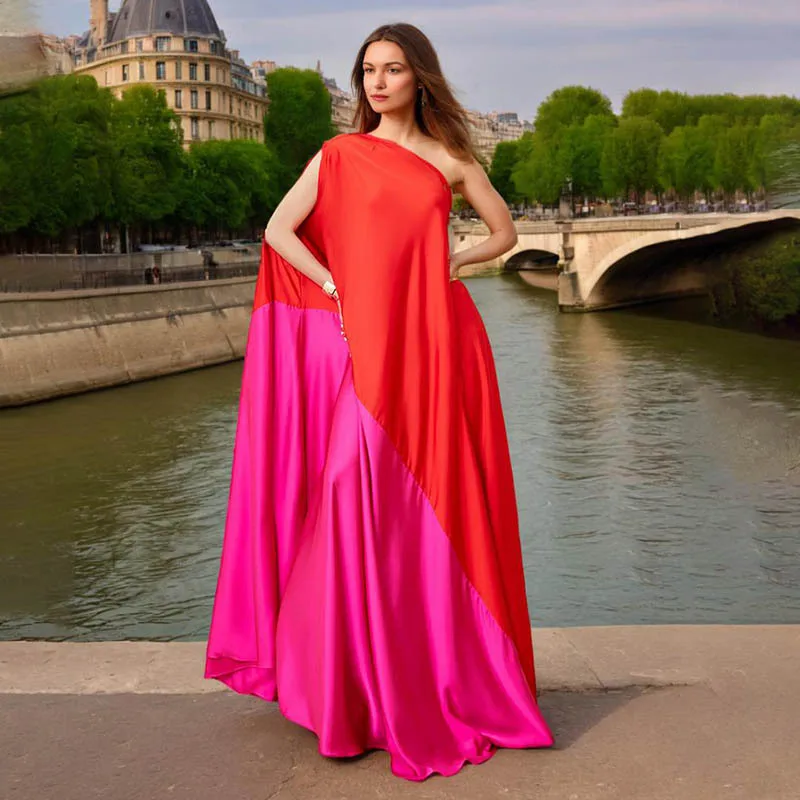 Temperament elegant long dress diagonal shoulder splicing contrasting color niche personality loose slim dress fashionable simpl
Temperament elegant long dress diagonal shoulder splicing contrasting color niche personality loose slim dress fashionable simpl