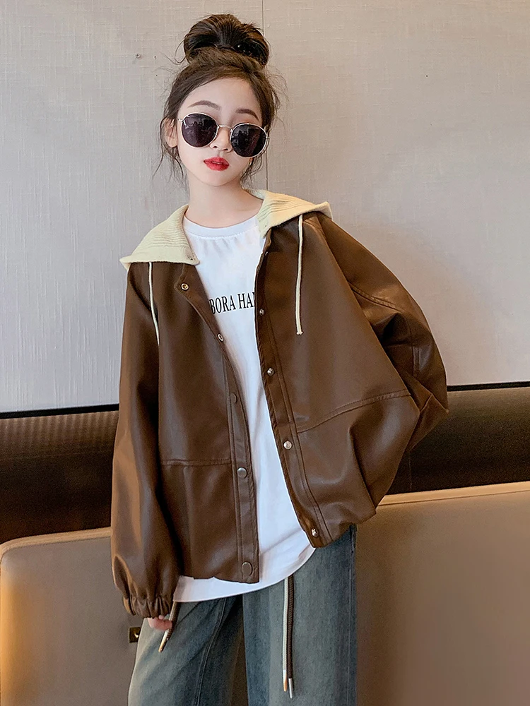 Girls Black Brown Leather Baby Jacket Knitted Hooded Fall Spring Kids PU Single Breasted Coat Children Loose Clothes XMP651
Girls Black Brown Leather Baby Jacket Knitted Hooded Fall Spring Kids PU Single Breasted Coat Children Loose Clothes XMP651
