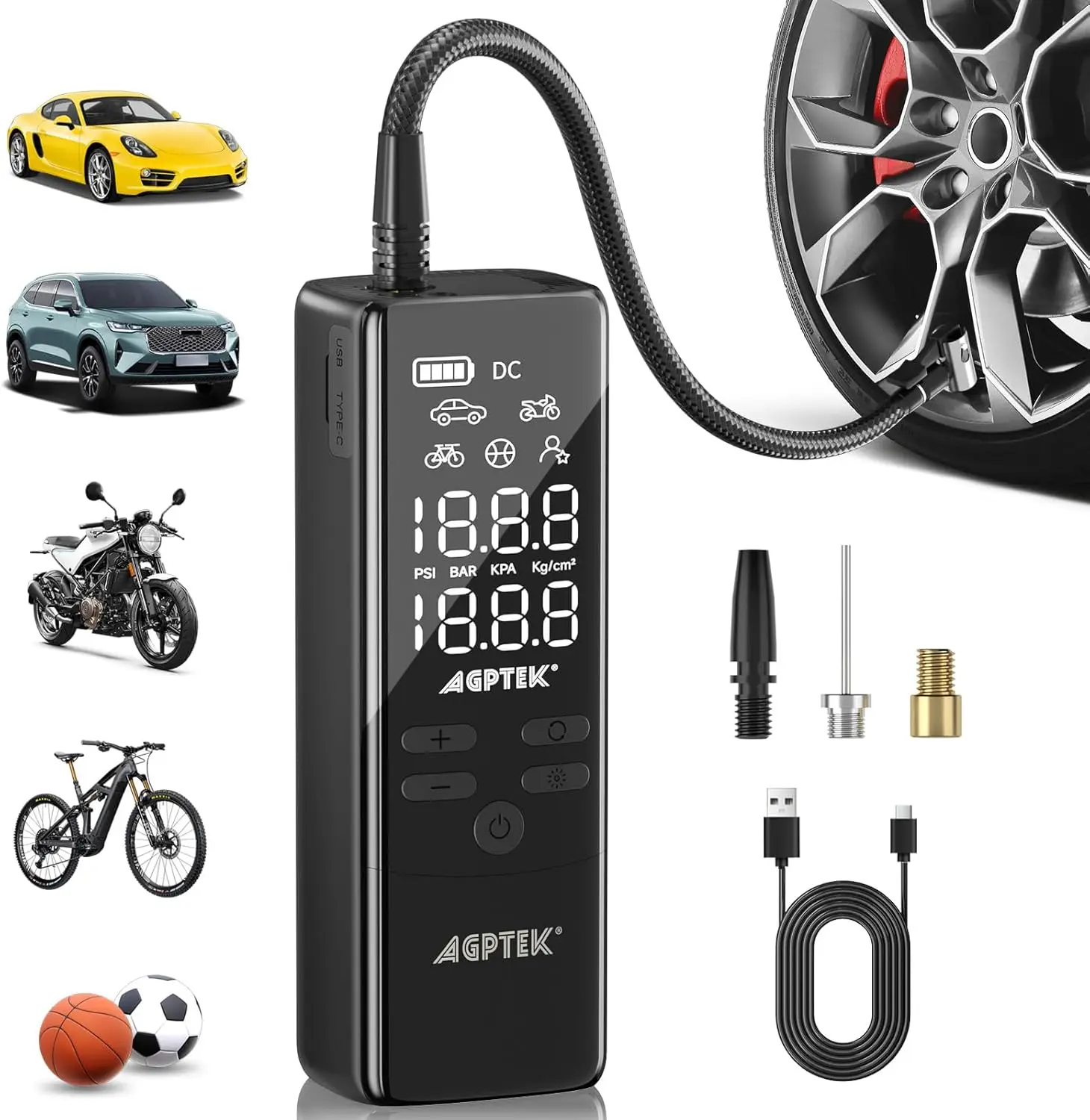 Portable Tire Inflator 150PSI Air Compressor with LCD & LED Light, 5000mAh for Cars, Bikes, Motorcycles, Balls
Portable Tire Inflator 150PSI Air Compressor with LCD & LED Light, 5000mAh for Cars, Bikes, Motorcycles, Balls