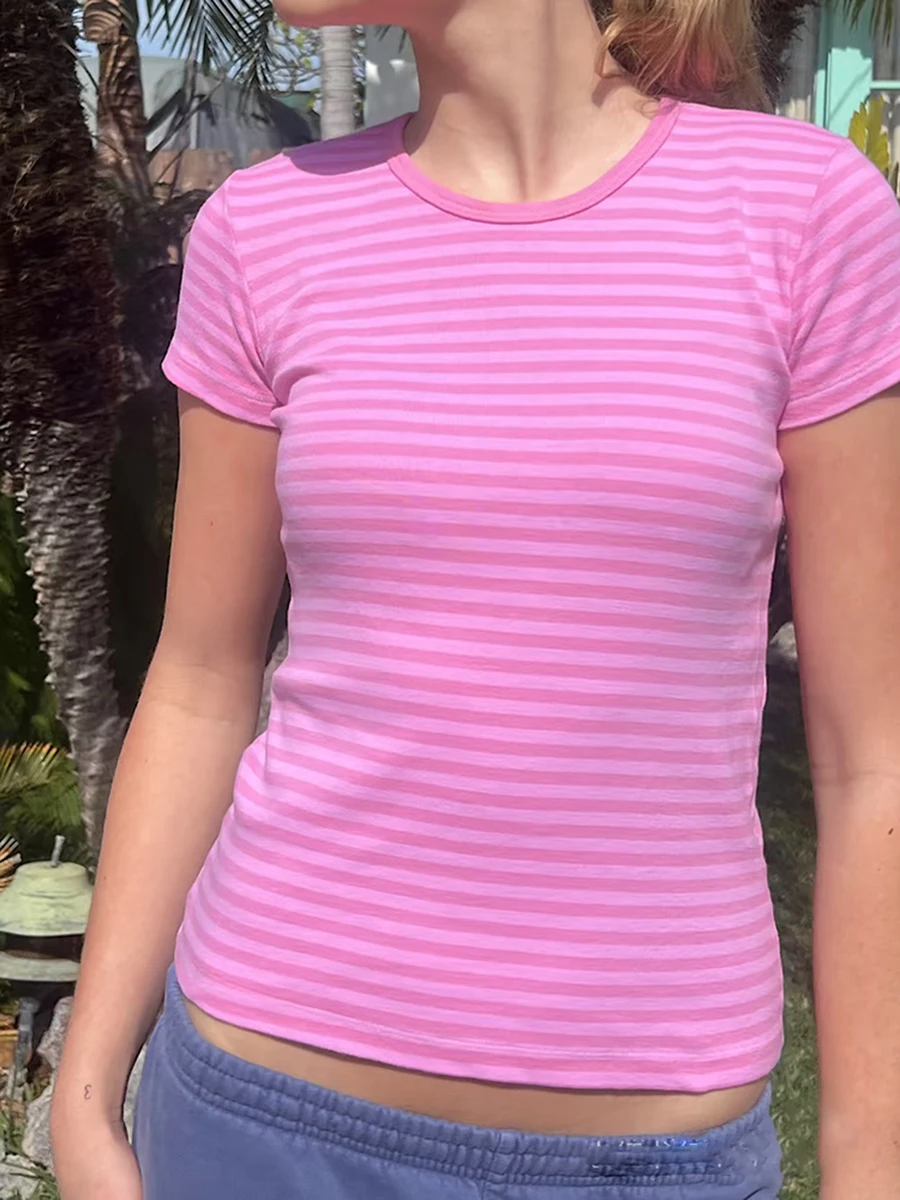 Pink Striped Slim T-shirts Woman Summer Round Neck Short Sleeve Tee Shirts Female Sweet Cute Preppy Style Cotton Tshirt Y2k Tops
Pink Striped Slim T-shirts Woman Summer Round Neck Short Sleeve Tee Shirts Female Sweet Cute Preppy Style Cotton Tshirt Y2k Tops