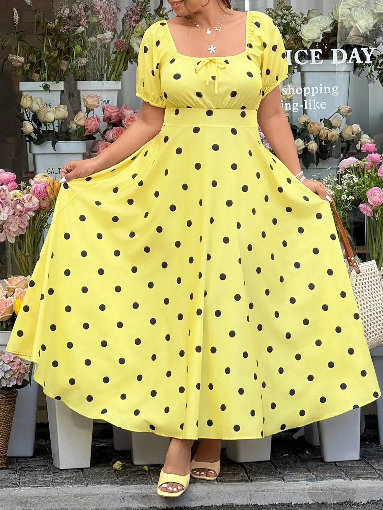 Butter Yellow Polka Dot A-Line Dress With Puff Sleeve And Bow Neck
Butter Yellow Polka Dot A-Line Dress With Puff Sleeve And Bow Neck
