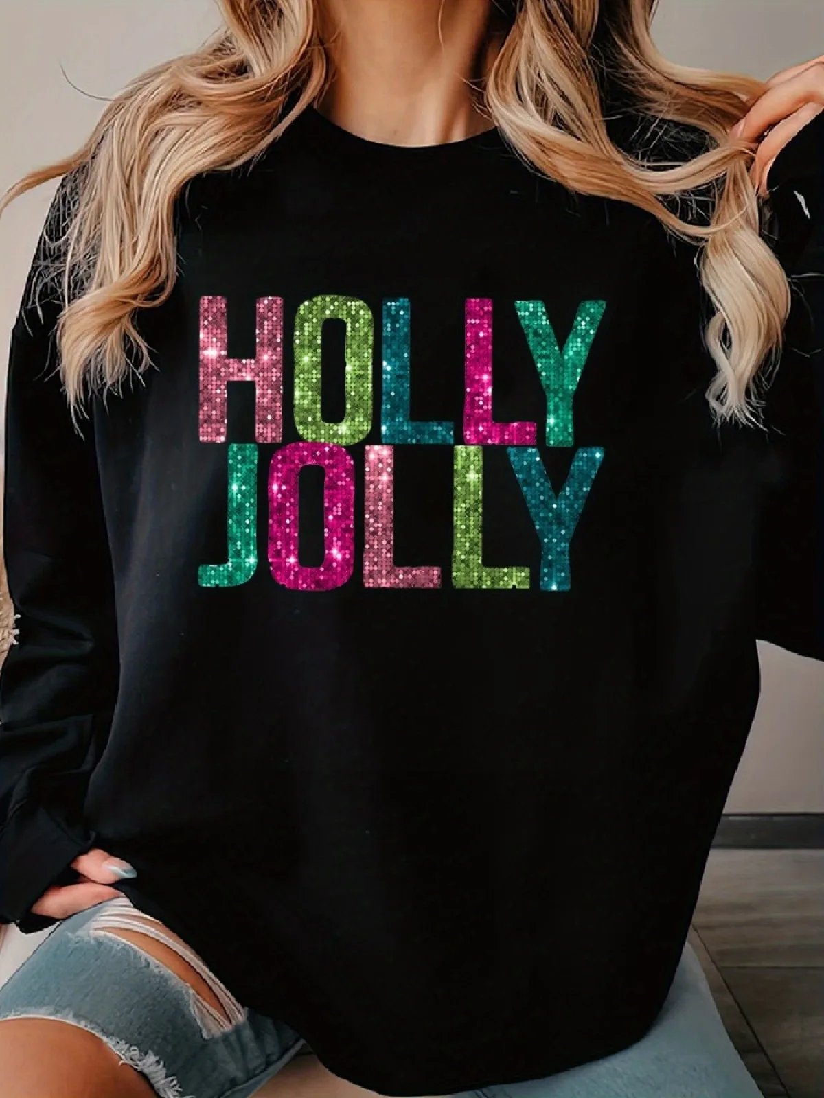 Женская модная повседневная толстовка с радужным рождественским пуловером с блестками и принтом, подходит для праздничных подарков, повседневная одежда, топы
Женская модная повседневная толстовка с радужным рождественским пуловером с блестками и принтом, подходит для праздничных подарков, повседневная одежда, топы