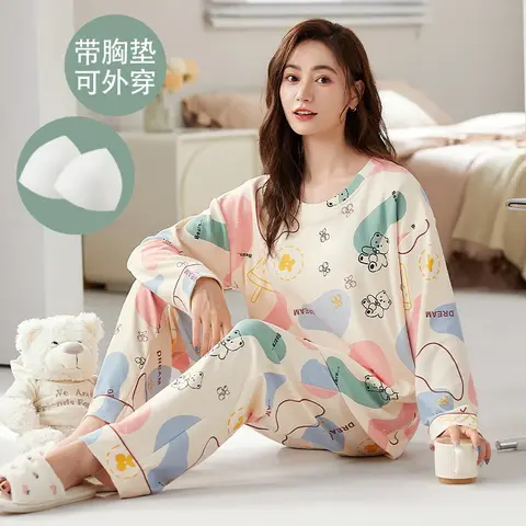 Conjunto de pijamas de algodón 100% para mujer, pantalones holgados de manga larga, traje de ocio, pijamas suaves con almohadilla en el pecho, primavera y otoño