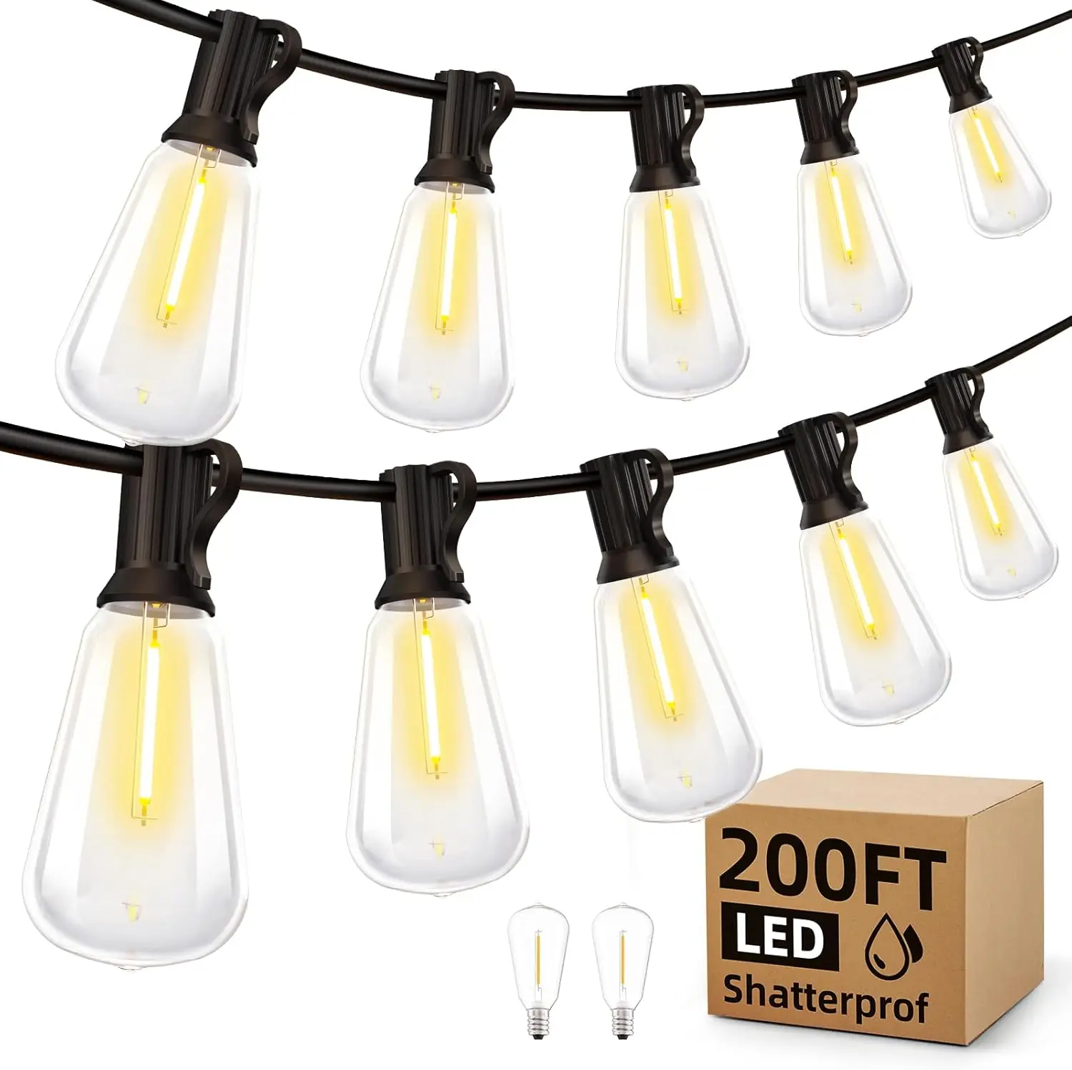 200FT Outdoor LED String Lights - 78 ST38 Shatterproof Bulbs, Waterproof, Connectable, Warm White 2700K for Patio, Garden, Party
200FT Outdoor LED String Lights - 78 ST38 Shatterproof Bulbs, Waterproof, Connectable, Warm White 2700K for Patio, Garden, Party