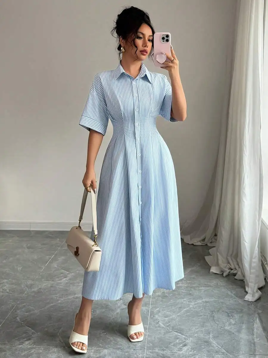 Elegant Collared Short Sleeve Button Down Striped Midi Dress For Women
Elegant Collared Short Sleeve Button Down Striped Midi Dress For Women