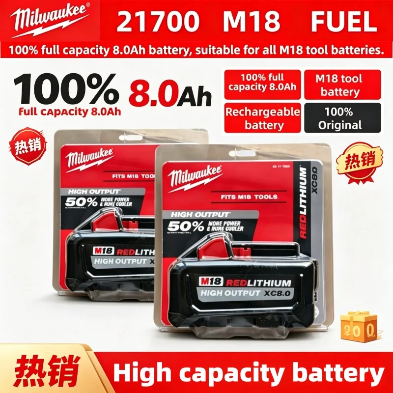 Milwaukee M18 Original XC 18V 8.0Ah Rechargeable Battery Compatible with 48-11-2830 0730-20 21700 Cell for Milwaukee Tool
Milwaukee M18 Original XC 18V 8.0Ah Rechargeable Battery Compatible with 48-11-2830 0730-20 21700 Cell for Milwaukee Tool