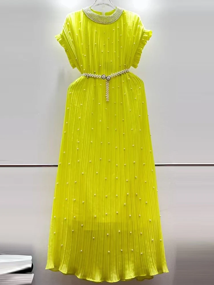 Fashion heavy industry loose dress women's summer dress new solid color beaded belt waist short sleeve pleated elegant dress
Fashion heavy industry loose dress women's summer dress new solid color beaded belt waist short sleeve pleated elegant dress