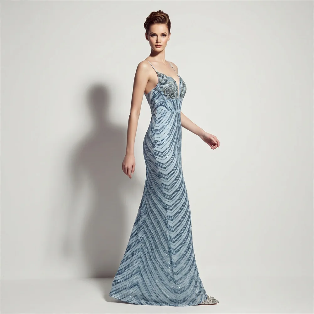 Women Spaghetti Strap Deep V-Neck Sequin Mermaid Evening Dress Beaded Floral Bodice Sequin Chevron Pattern Elegant Formal Gown
Women Spaghetti Strap Deep V-Neck Sequin Mermaid Evening Dress Beaded Floral Bodice Sequin Chevron Pattern Elegant Formal Gown