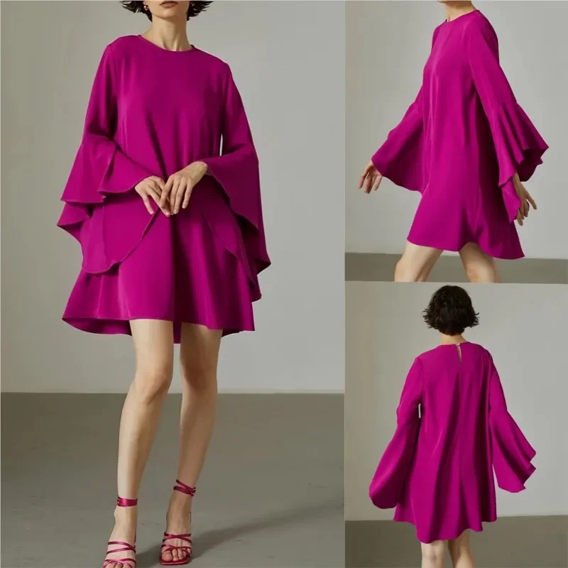 Spring Autumn Fashion Solid Mini Dress New Elegant Women's Round Neck Ruffled Sleeves Loose Casual Office Lady Dresses Robe
Spring Autumn Fashion Solid Mini Dress New Elegant Women's Round Neck Ruffled Sleeves Loose Casual Office Lady Dresses Robe