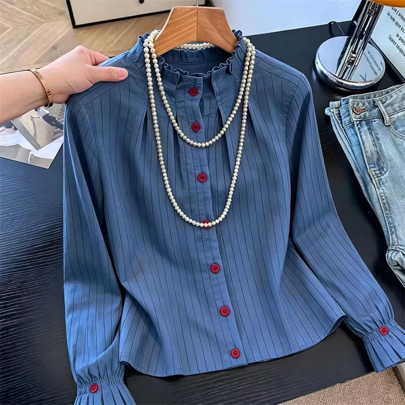 Fashion Elegant Beautiful Blue Collar Single-breasted Long-Sleeved Shirt Female Spring and Summer Joker Cardigan Loose Shirt New
Fashion Elegant Beautiful Blue Collar Single-breasted Long-Sleeved Shirt Female Spring and Summer Joker Cardigan Loose Shirt New