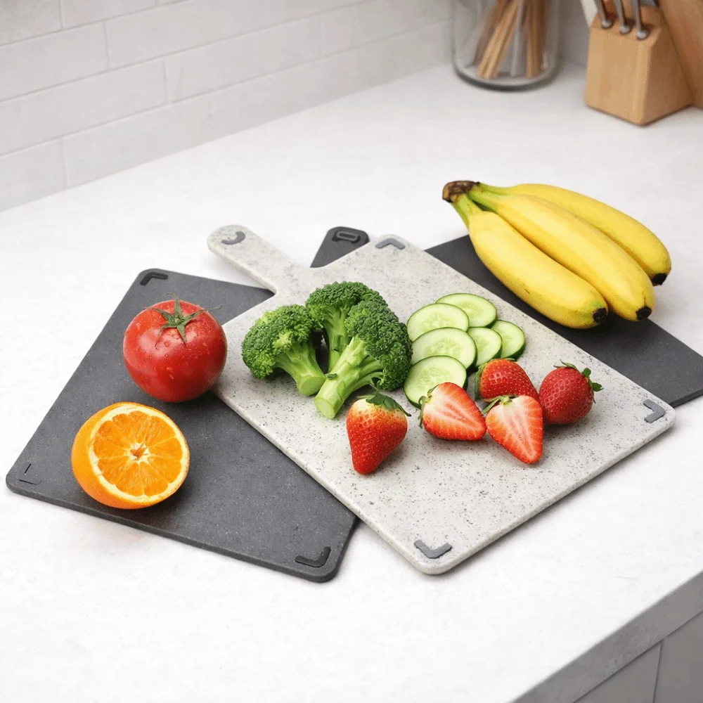 Набор из 4 пластиковых разделочных досок с подставкой для хранения, устойчивых к трещинам, с разделением на секции, нескользящих, прямоугольных
Набор из 4 пластиковых разделочных досок с подставкой для хранения, устойчивых к трещинам, с разделением на секции, нескользящих, прямоугольных