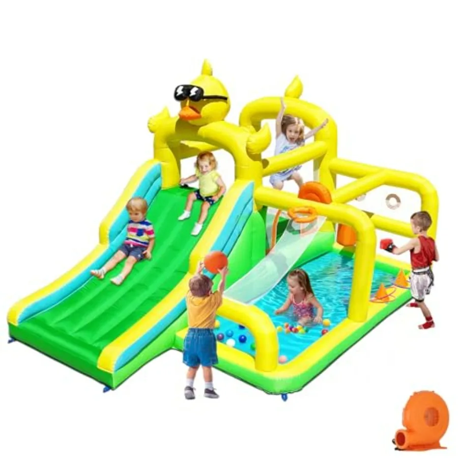 Duck-Themed Inflatable Bounce House with Extra Wide Slide Climbing Wall Basketball Hoop Ring Toss Punching Bag 2-in-1 Splash Po
Duck-Themed Inflatable Bounce House with Extra Wide Slide Climbing Wall Basketball Hoop Ring Toss Punching Bag 2-in-1 Splash Po