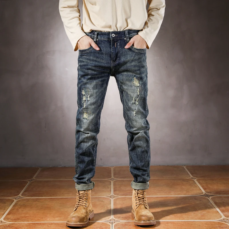 European and American dark retro washed and distressed jeans men's trendy elastic slim fit straight leg pants skinny jeans men
European and American dark retro washed and distressed jeans men's trendy elastic slim fit straight leg pants skinny jeans men