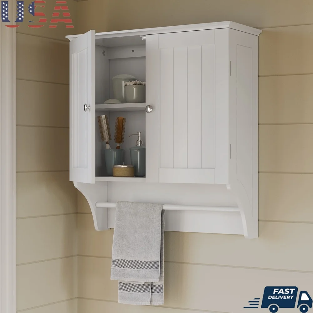 Two-Door Bathroom Wall Storage Cabinet with Towel Bar Mirrored Knobs Beadboard Doors Over-the-Toilet Organizer Home Decor
Two-Door Bathroom Wall Storage Cabinet with Towel Bar Mirrored Knobs Beadboard Doors Over-the-Toilet Organizer Home Decor