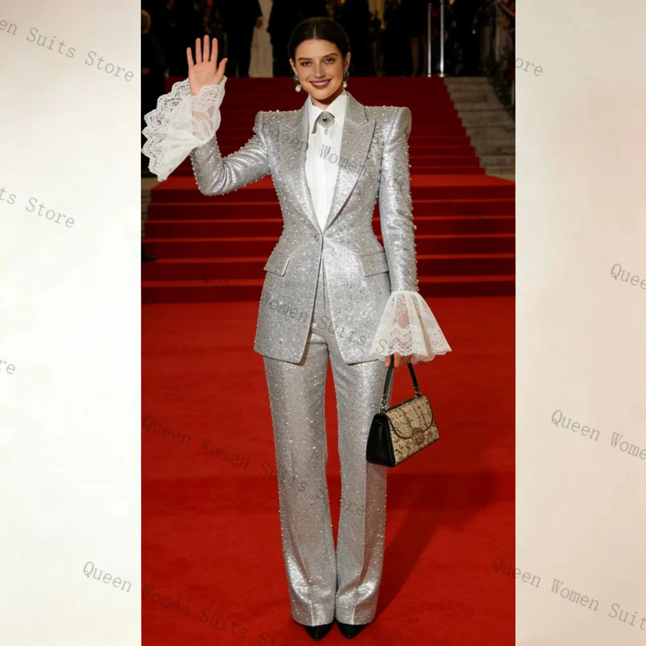Silver Shiny Lace Women Suit Set 2 Pcs Blazer Pants Crystals Outfit Prom Formal Office Lady Jacket Wedding Coat Customized
Silver Shiny Lace Women Suit Set 2 Pcs Blazer Pants Crystals Outfit Prom Formal Office Lady Jacket Wedding Coat Customized