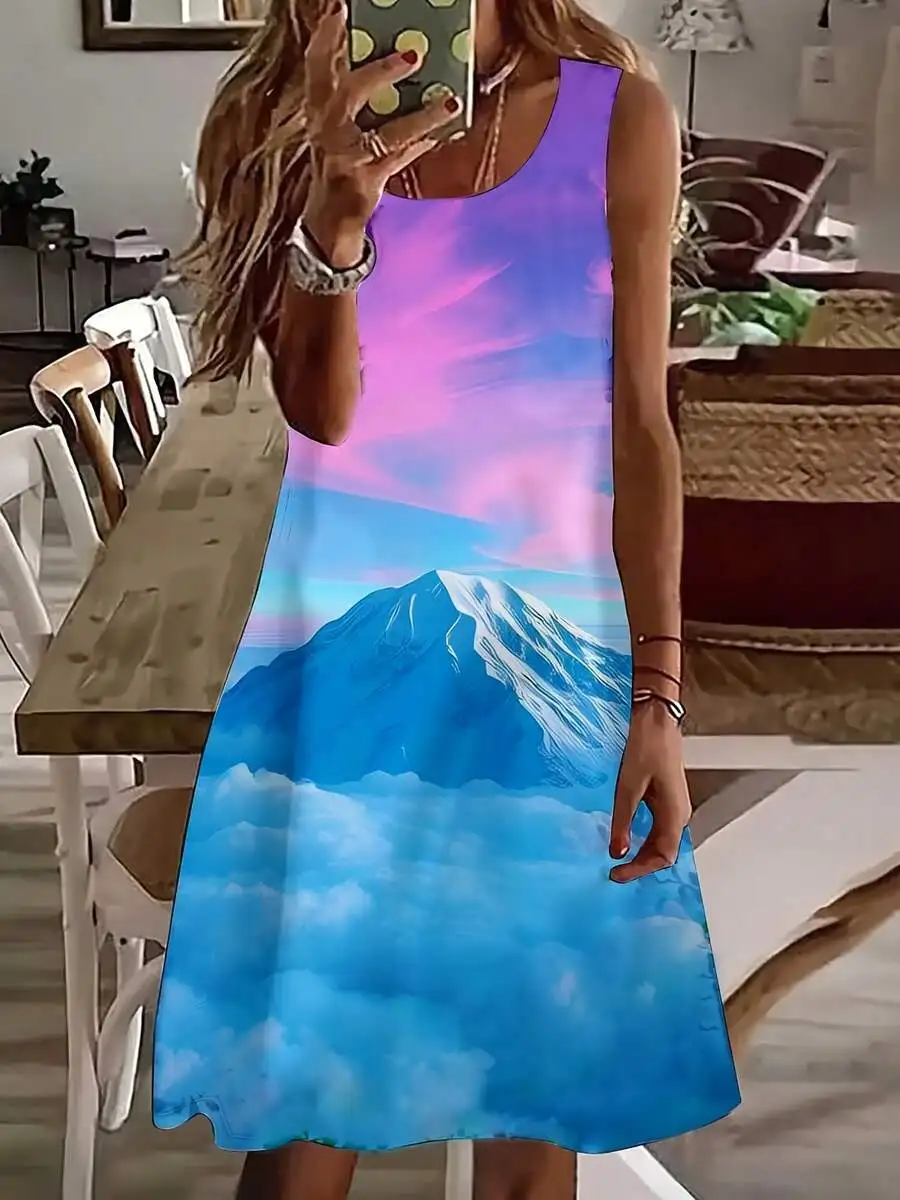 Women Sleeveless Mountain Sky Print Summer Dress
Women Sleeveless Mountain Sky Print Summer Dress