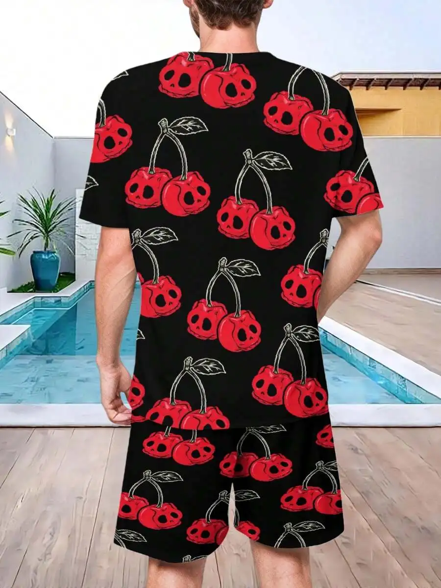 Mens Black Cherry Skull Print Short Sleeve T-Shirt And Shorts Set Casual Comfortable Two Piece Outfit For Daily Wear
Mens Black Cherry Skull Print Short Sleeve T-Shirt And Shorts Set Casual Comfortable Two Piece Outfit For Daily Wear