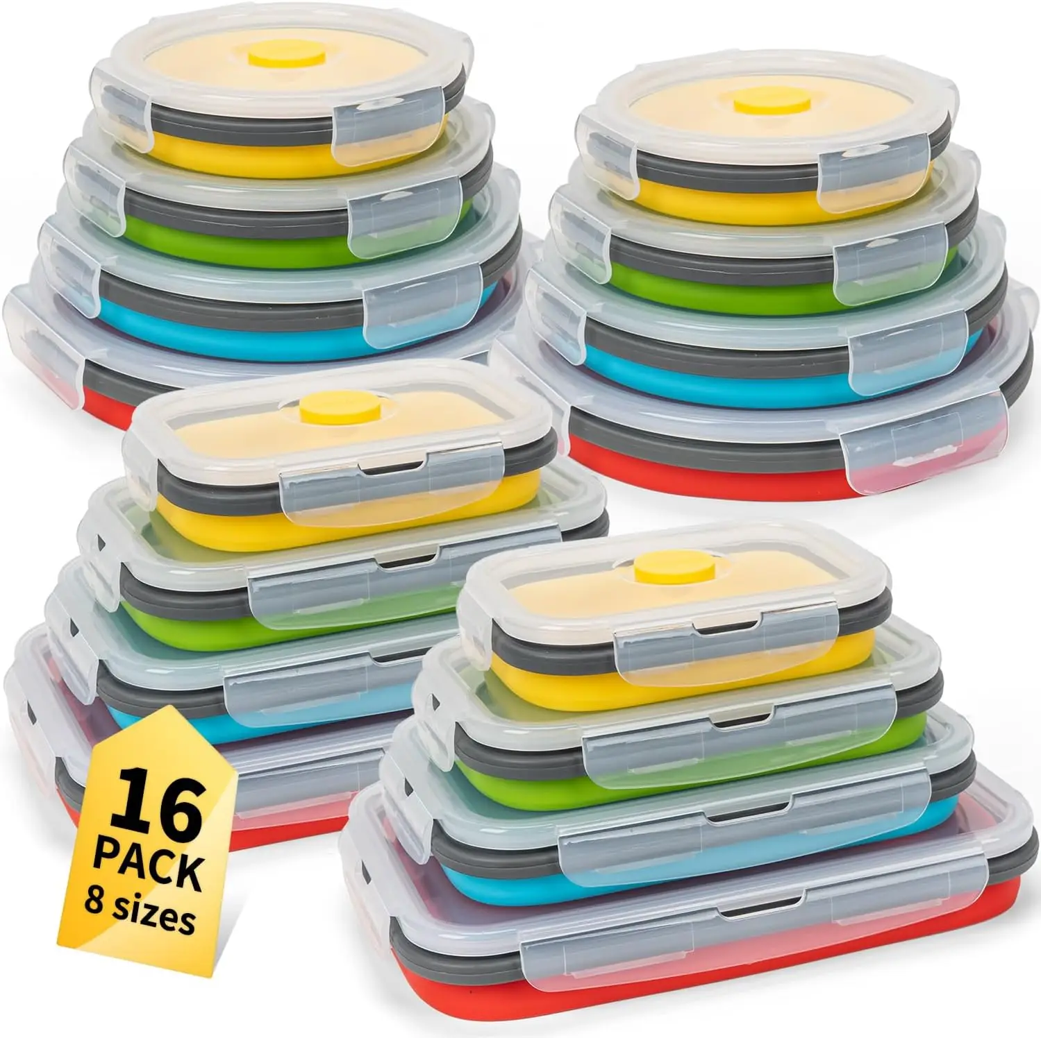 Collapsible Food Storage Containers with Lid & Air Vent, 16 Pack, 8 Rectangular + 8 Round, Foldable Silicone Lunch Containers
Collapsible Food Storage Containers with Lid & Air Vent, 16 Pack, 8 Rectangular + 8 Round, Foldable Silicone Lunch Containers