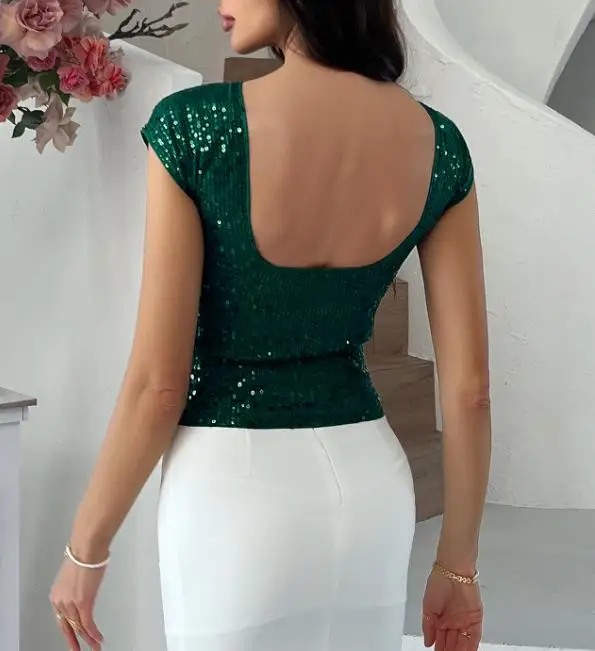 Top Women 2026 New Spring Summer Solid Color Spicy Girl Style Short Sleeved Sequined Sexy Backless Casual Round Neck T-Shirt
Top Women 2026 New Spring Summer Solid Color Spicy Girl Style Short Sleeved Sequined Sexy Backless Casual Round Neck T-Shirt