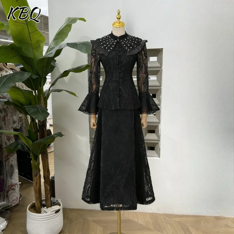 KBQ Black Spliced Lace Two Piece Set Female Stand Collar Long Sleeve Shirt Literary Elegant Women's Skirt Sets Summer Fashion
KBQ Black Spliced Lace Two Piece Set Female Stand Collar Long Sleeve Shirt Literary Elegant Women's Skirt Sets Summer Fashion